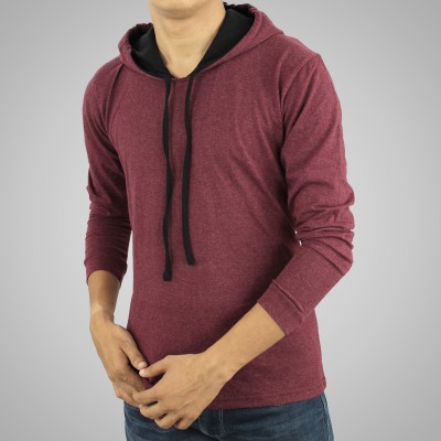 MYO Solid Men Hooded Neck Maroon T-Shirt