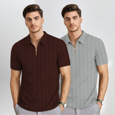 BROWEARS Self Design Men Zip Neck Brown, Grey T-Shirt