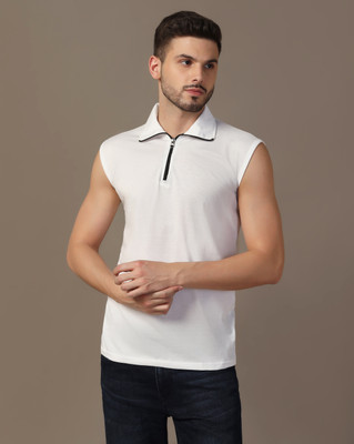 GEUM Solid Men Polo Neck White T-Shirt