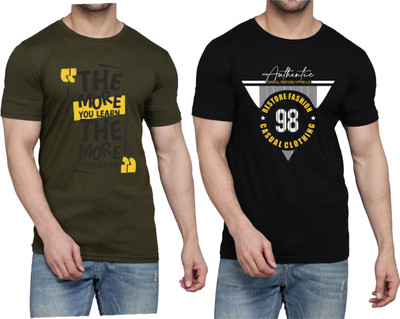 WOOSTRO Printed Men Round Neck Black, Dark Green T-Shirt