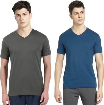 JOCKEY Solid Men V Neck Grey, Dark Blue T-Shirt