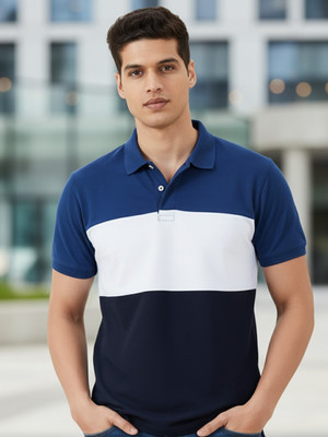 JUST ROAR Colorblock Men Polo Neck Blue T-Shirt