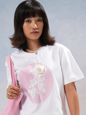 Tokyo Talkies Self Design Women Round Neck White T-Shirt