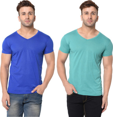Tresna Trending Solid Men V Neck Blue, Light Green T-Shirt