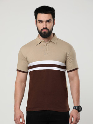 Fleximaa Colorblock Men Polo Neck Beige, Brown, White T-Shirt
