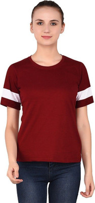 GEUM Solid Women Round Neck Maroon T-Shirt