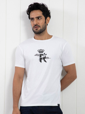 RARE RABBIT Printed Men Round Neck White T-Shirt