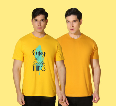 WOOSTRO Printed Men Round Neck Yellow T-Shirt