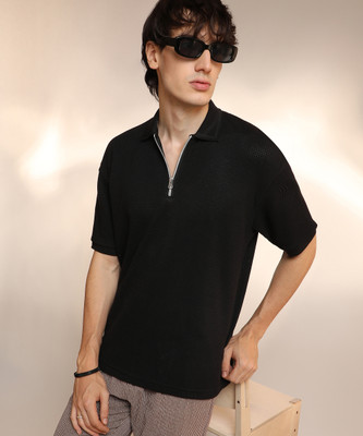 CAMPUS SUTRA Solid Men Polo Neck Black T-Shirt