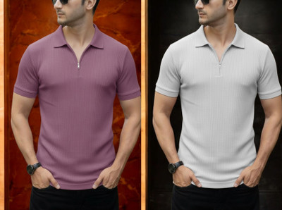 DSV Self Design Men Zip Neck Purple, White T-Shirt