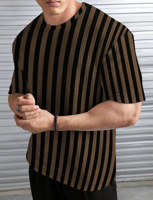 KAJARU Striped Men Round Neck Brown T-Shirt