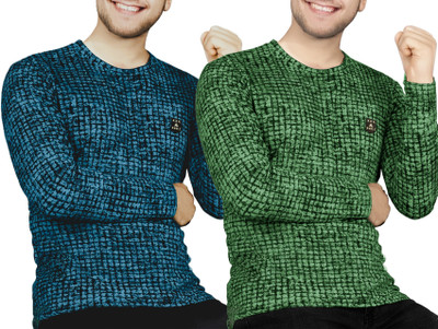 AVOLT Printed Men Round Neck Dark Blue, Light Green T-Shirt