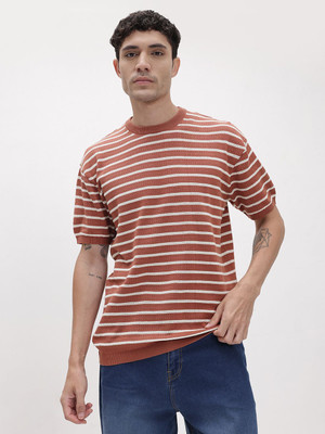 Roadster Striped Men Round Neck Brown T-Shirt