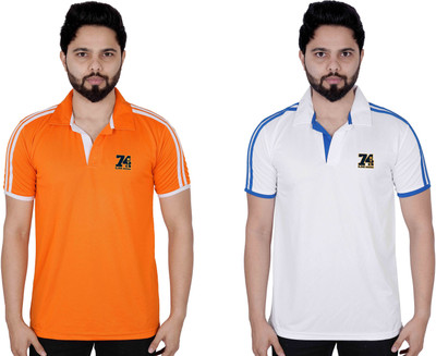 La Milano Printed, Striped Men Polo Neck White, Orange T-Shirt