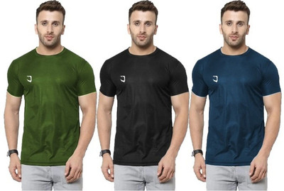CRAVVEN Solid Men Round Neck Dark Blue, Black, Green T-Shirt