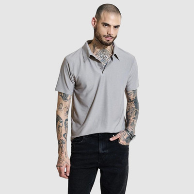 Snitch Self Design Men Polo Neck Grey T-Shirt