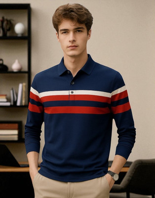 Teezler Colorblock Men Polo Neck Navy Blue T-Shirt