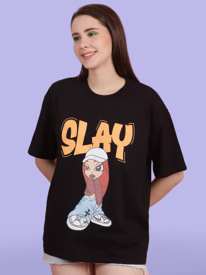 METRONAUT Printed Women Round Neck Black T-Shirt