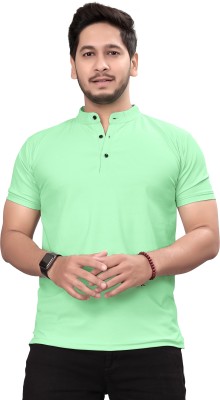 Qugue Solid Men Mandarin Collar Light Green T-Shirt
