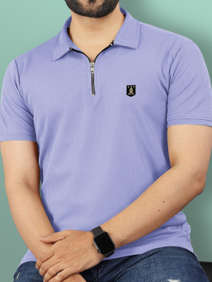 VeBNoR Solid Men Zip Neck Blue T-Shirt