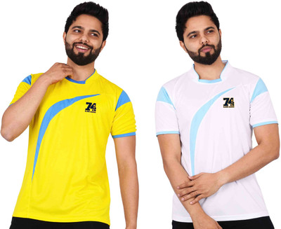 La Milano Solid Men Crew Neck White, Yellow T-Shirt