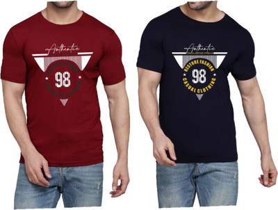 WOOSTRO Printed Men Round Neck Maroon, Dark Blue T-Shirt