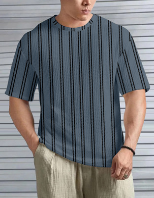 METRONAUT Striped, Self Design Men Round Neck Grey T-Shirt