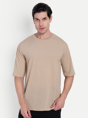 HouseOfCommon Solid Men Round Neck Beige T-Shirt
