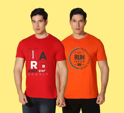 WOOSTRO Printed Men Round Neck Orange, Red T-Shirt