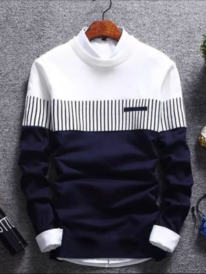 FAOES Striped Men Round Neck Dark Blue T-Shirt