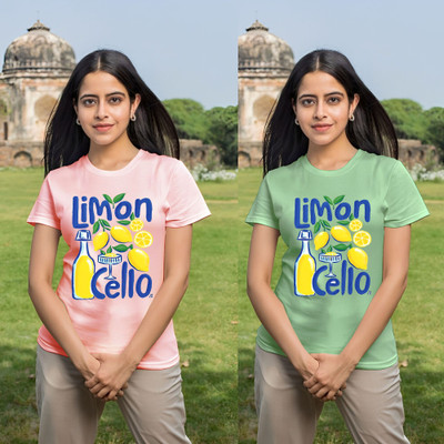 Parona Graphic Print Women Round Neck Pink, Green T-Shirt