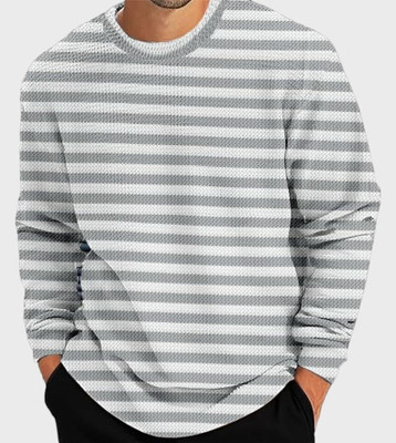 TEMUK Striped Men Round Neck Grey T-Shirt