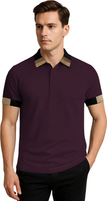 hoshiii Solid, Striped Men Polo Neck Black T-Shirt