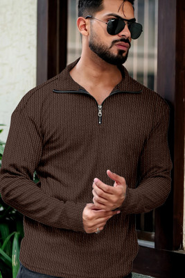 QUINTON Solid Men Polo Neck Brown T-Shirt
