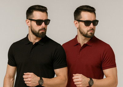 Vivaan Fab Solid Men Polo Neck Black, Maroon T-Shirt