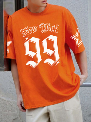 MEG Typography Men Round Neck Orange T-Shirt
