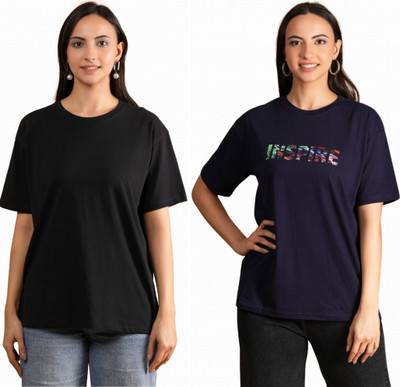 METRONAUT Printed, Solid Women Round Neck Blue, Black T-Shirt