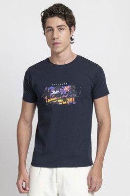 KISSOSS Printed, Typography Men Round Neck Blue T-Shirt