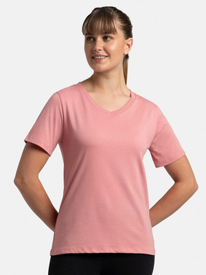 JOCKEY Solid Women V Neck Pink T-Shirt