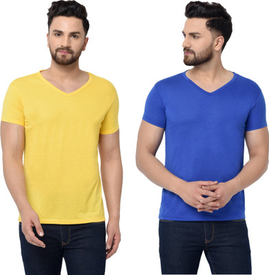 Tresna Trending Solid Men V Neck Dark Blue, Yellow T-Shirt