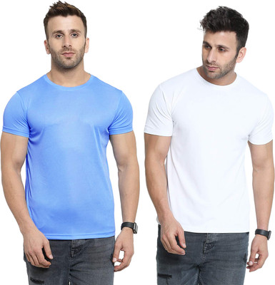 Renowned Solid Men Round Neck Light Blue, White T-Shirt