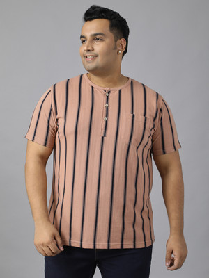 XMEX Striped Men Henley Neck Beige, Black T-Shirt