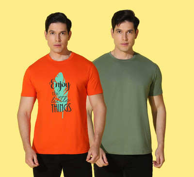 WOOSTRO Typography Men Round Neck Orange, Green T-Shirt