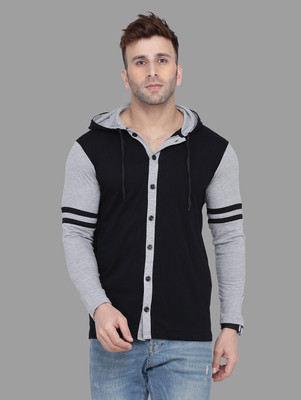 tfurnish Self Design Men Hooded Neck Black, Grey T-Shirt
