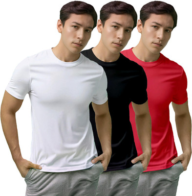 Fighterhero Solid, Sporty Men Round Neck White, Black, Maroon T-Shirt