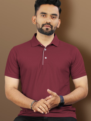 VeBNoR Solid Men Polo Neck Maroon T-Shirt