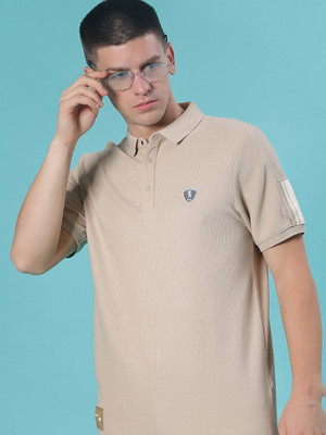 V-MART Solid Men Polo Neck Beige T-Shirt