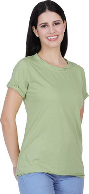 CLOTHINK India Solid Women Round Neck Light Green T-Shirt