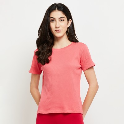 MAX Self Design Women Round Neck Orange T-Shirt