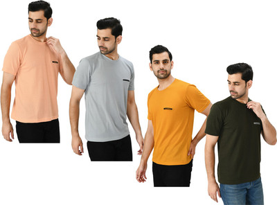 KAVYA Solid Men Round Neck Pink, Black, Yellow T-Shirt